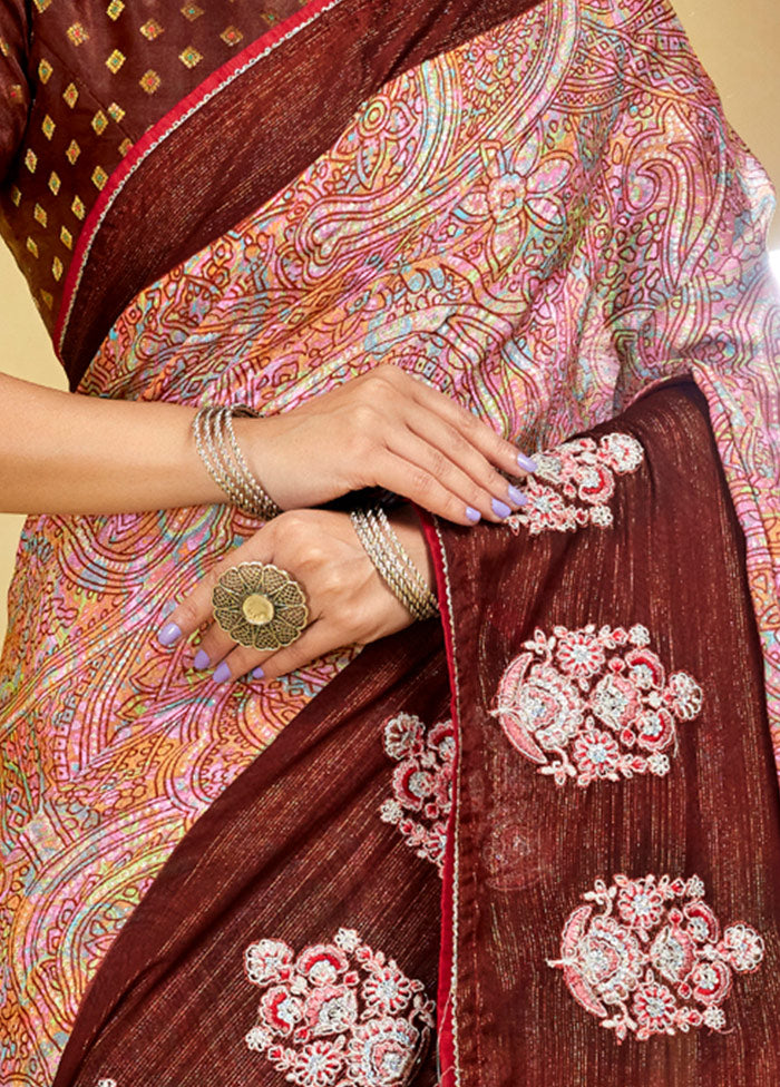 Maroon Chiffon Silk Foil Emblished Saree With Blouse Piece