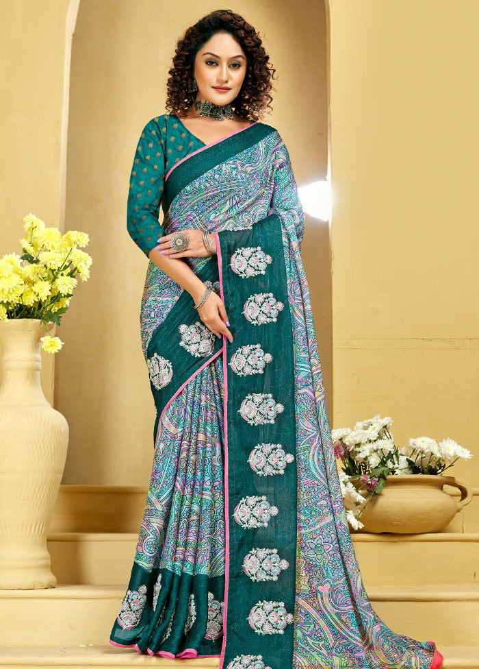 Blue Chiffon Silk Foil Emblished Saree With Blouse Piece