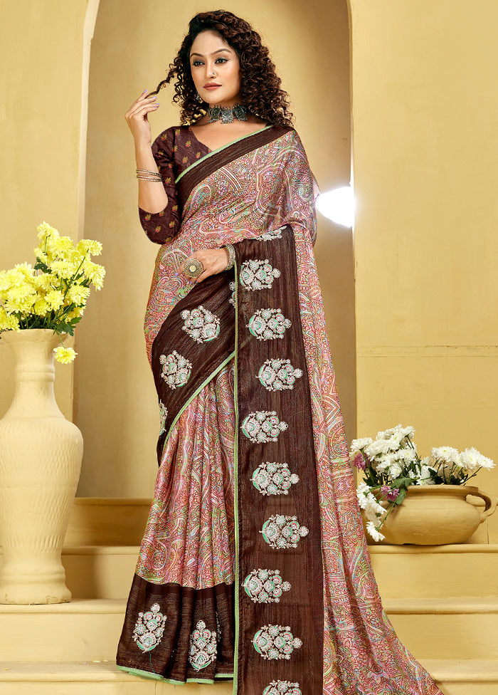 Brown Chiffon Silk Foil Emblished Saree With Blouse Piece
