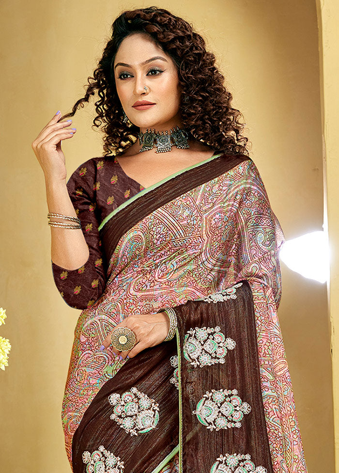 Brown Chiffon Silk Foil Emblished Saree With Blouse Piece