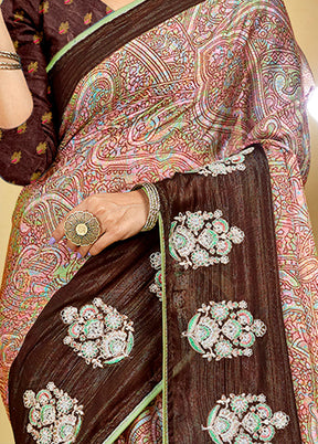 Brown Chiffon Silk Foil Emblished Saree With Blouse Piece