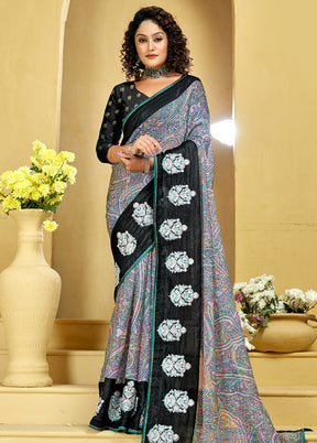 Black Chiffon Silk Foil Emblished Saree With Blouse Piece