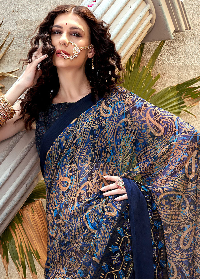 Navy Blue Chiffon Silk Embroidered Saree With Blouse Piece