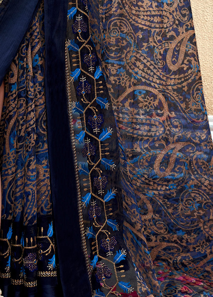 Navy Blue Chiffon Silk Embroidered Saree With Blouse Piece