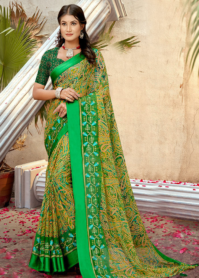 Green Chiffon Silk Embroidered Saree With Blouse Piece