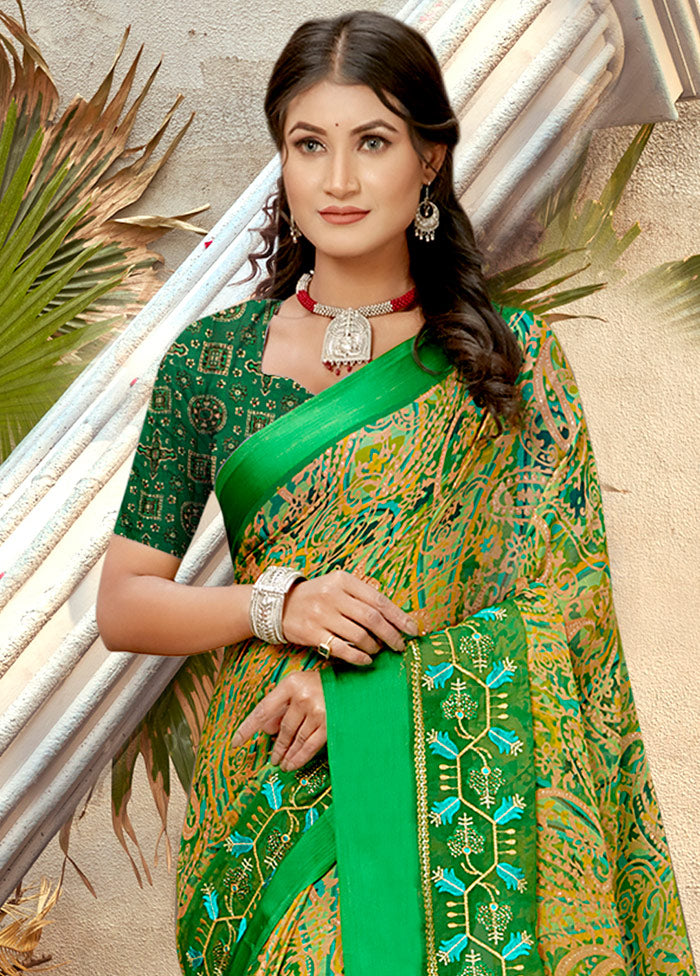 Green Chiffon Silk Embroidered Saree With Blouse Piece