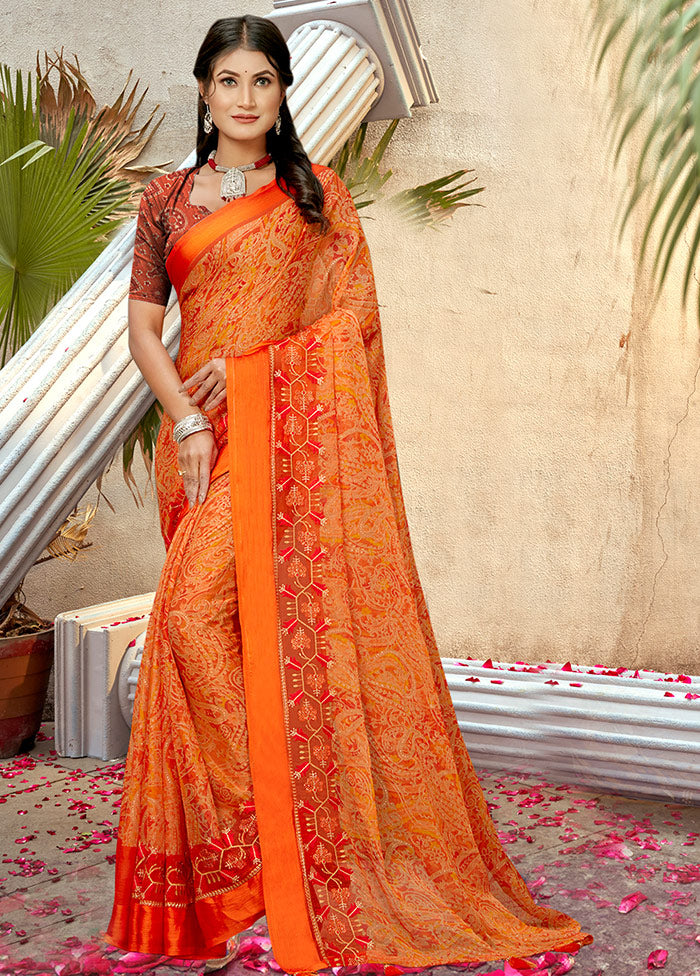 Orange Chiffon Silk Embroidered Saree With Blouse Piece