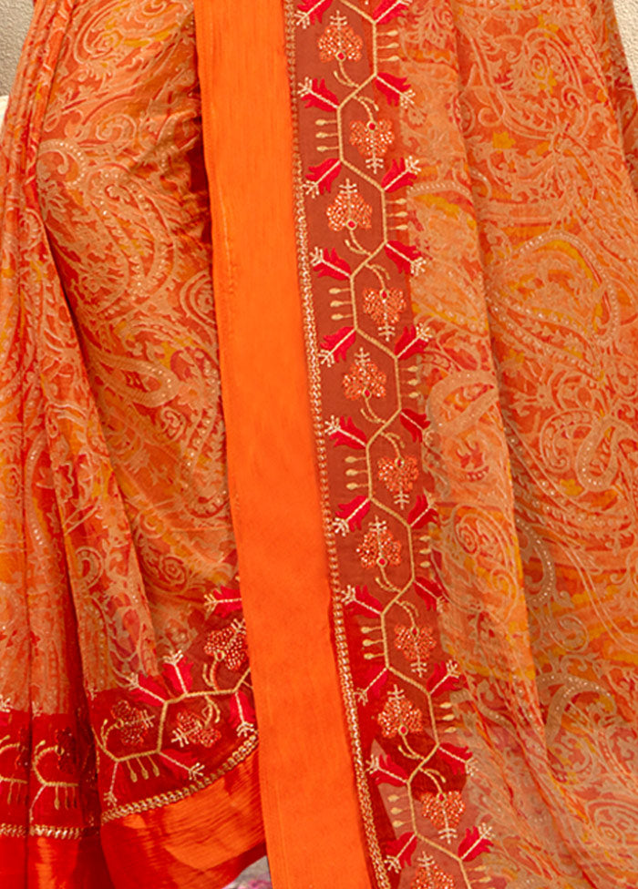 Orange Chiffon Silk Embroidered Saree With Blouse Piece