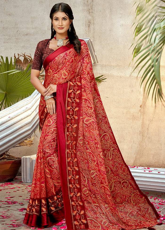 Maroon Chiffon Silk Embroidered Saree With Blouse Piece