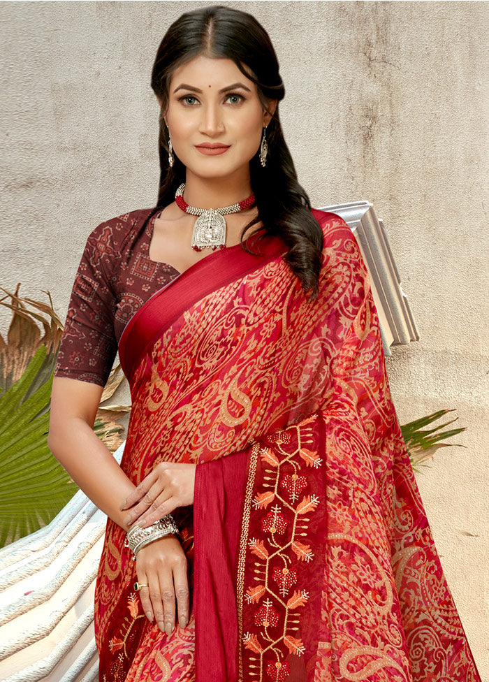 Maroon Chiffon Silk Embroidered Saree With Blouse Piece