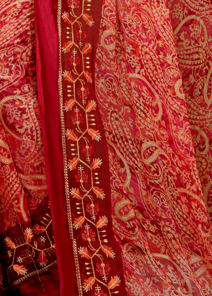 Maroon Chiffon Silk Embroidered Saree With Blouse Piece