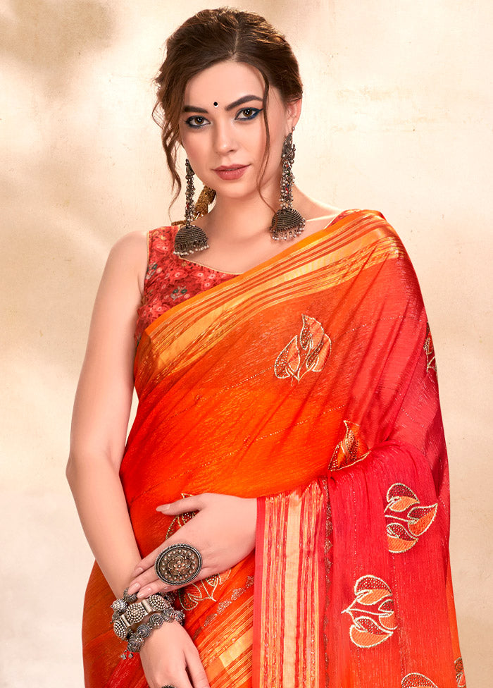 Orange Chiffon Silk Zari Woven Saree With Blouse Piece