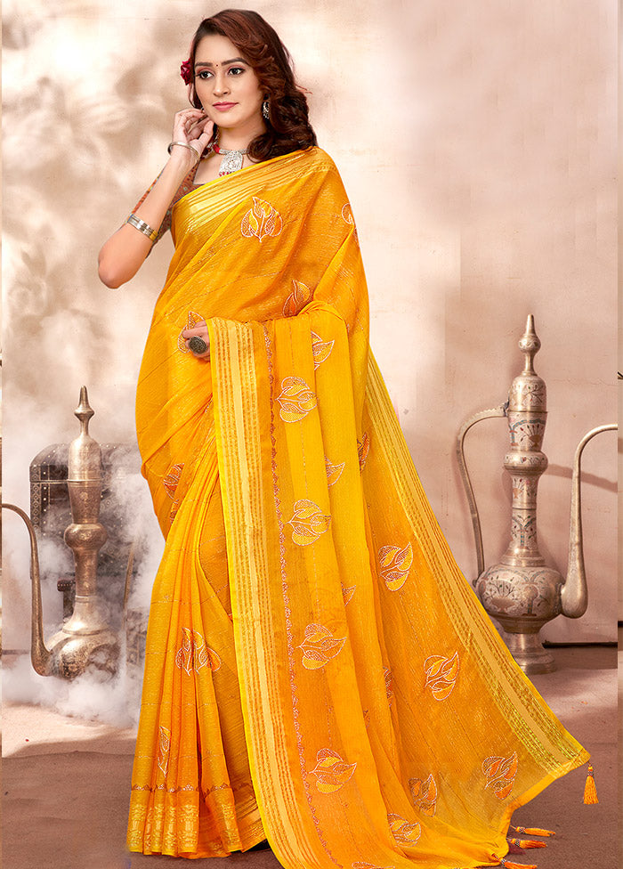 Yellow Chiffon Silk Zari Woven Saree With Blouse Piece