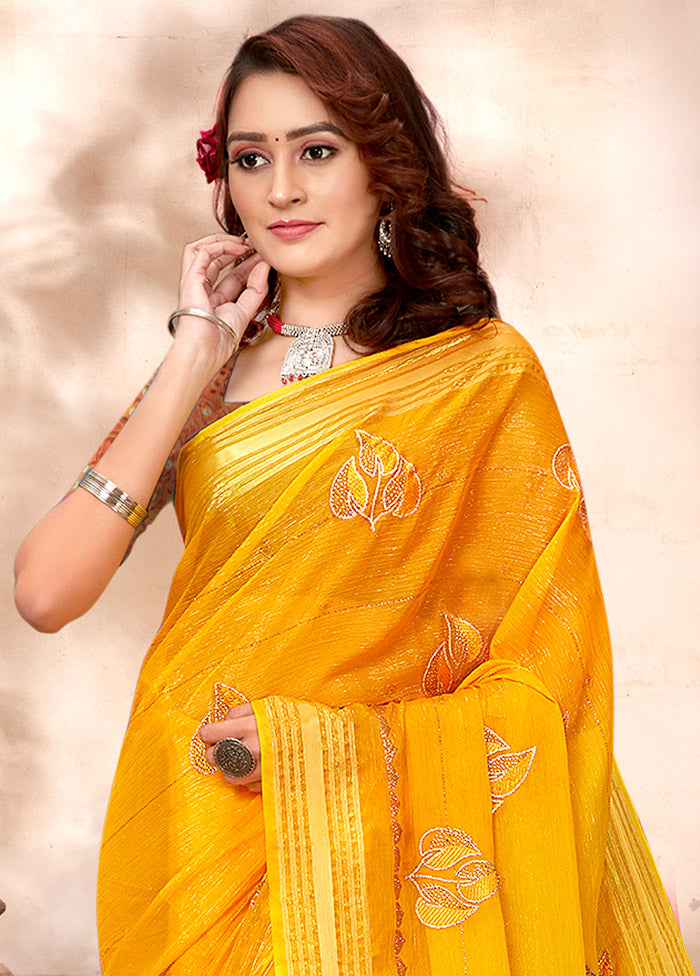 Yellow Chiffon Silk Zari Woven Saree With Blouse Piece