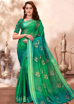 Turquoise Green Chiffon Silk Zari Woven Saree With Blouse Piece