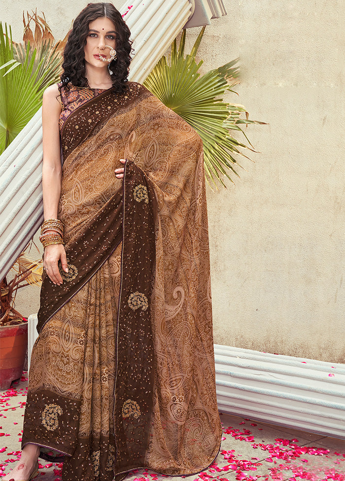 Brown Georgette Foil Emblished Saree With Blouse Piece