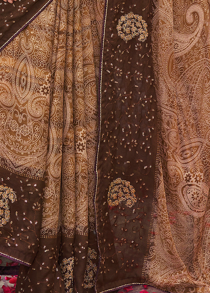 Brown Georgette Foil Emblished Saree With Blouse Piece