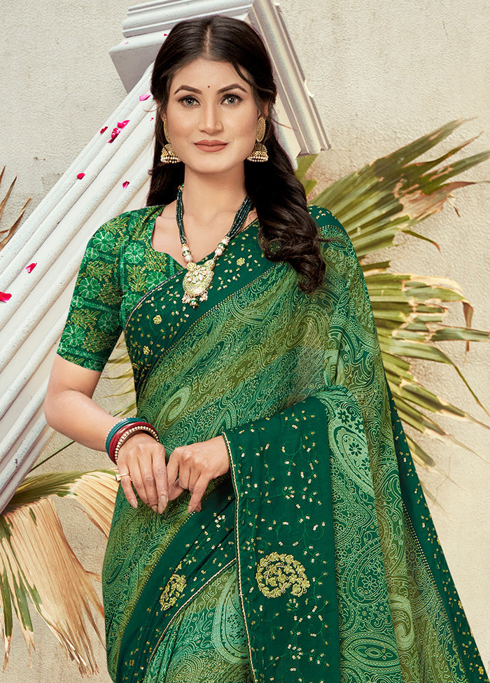 Green Georgette Foil Emblished Saree With Blouse Piece