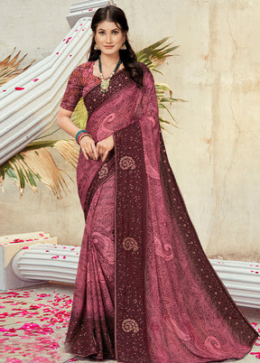 Pink Georgette Foil Emblished Saree With Blouse Piece