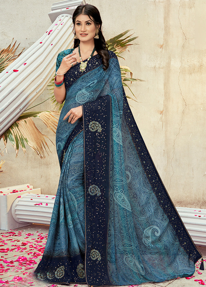 Blue Georgette Foil Emblished Saree With Blouse Piece