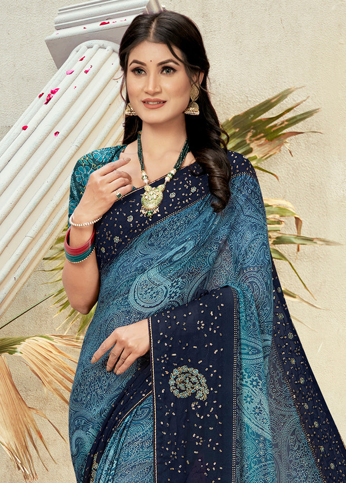 Blue Georgette Foil Emblished Saree With Blouse Piece