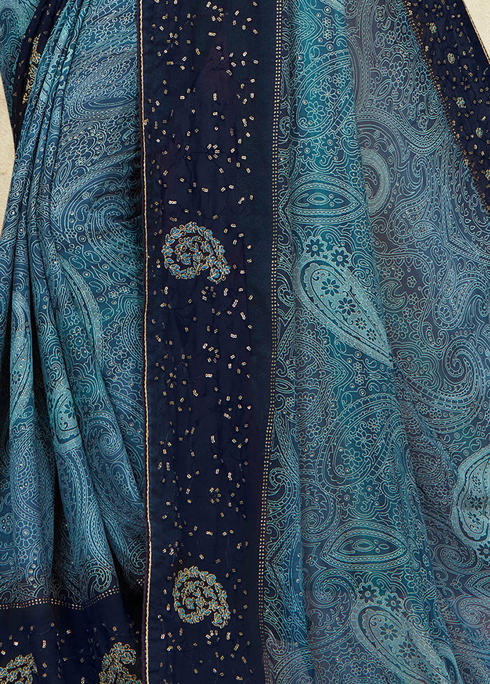 Blue Georgette Foil Emblished Saree With Blouse Piece