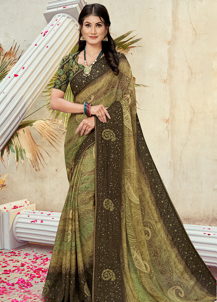 Mehendi Georgette Foil Emblished Saree With Blouse Piece