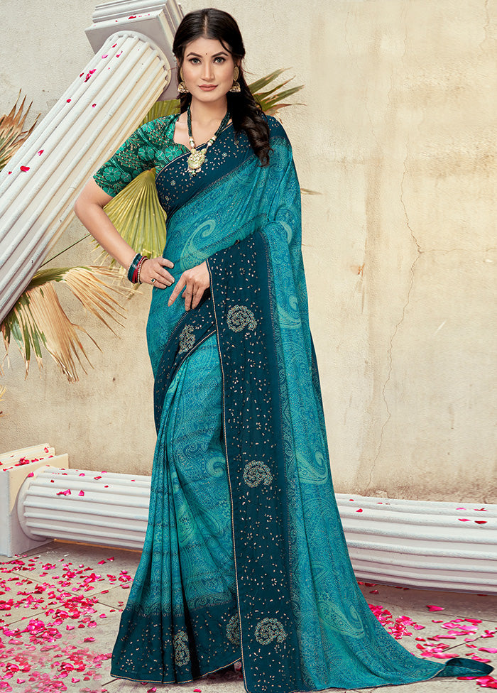 Teal Georgette Foil Emblished Saree With Blouse Piece