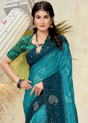 Teal Georgette Foil Emblished Saree With Blouse Piece