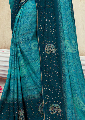 Teal Georgette Foil Emblished Saree With Blouse Piece