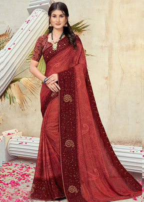 Red Georgette Foil Emblished Saree With Blouse Piece