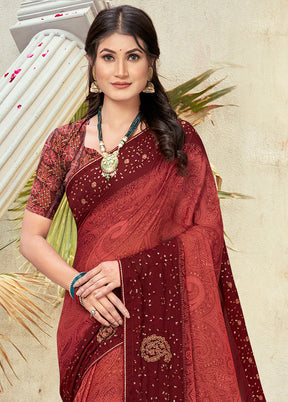 Red Georgette Foil Emblished Saree With Blouse Piece