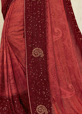 Red Georgette Foil Emblished Saree With Blouse Piece