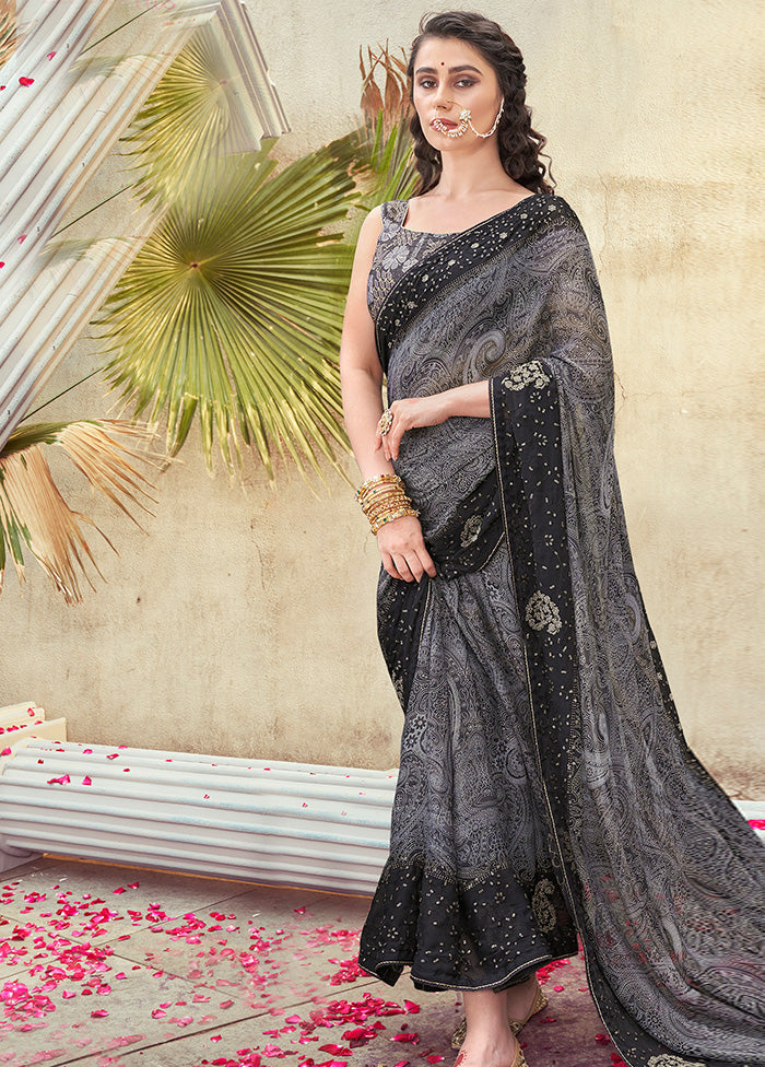 Grey Georgette Foil Emblished Saree With Blouse Piece