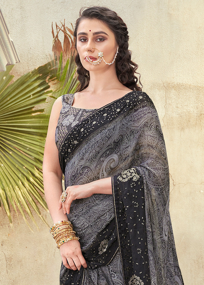 Grey Georgette Foil Emblished Saree With Blouse Piece