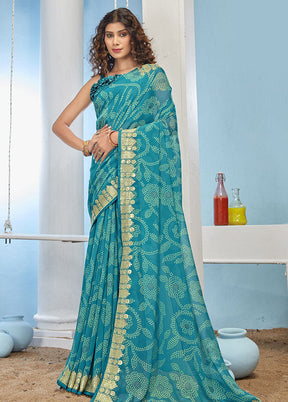 Sky Blue Chiffon Silk Foil Embellished Saree With Blouse Piece