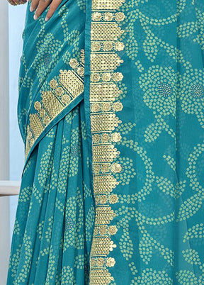 Sky Blue Chiffon Silk Foil Embellished Saree With Blouse Piece