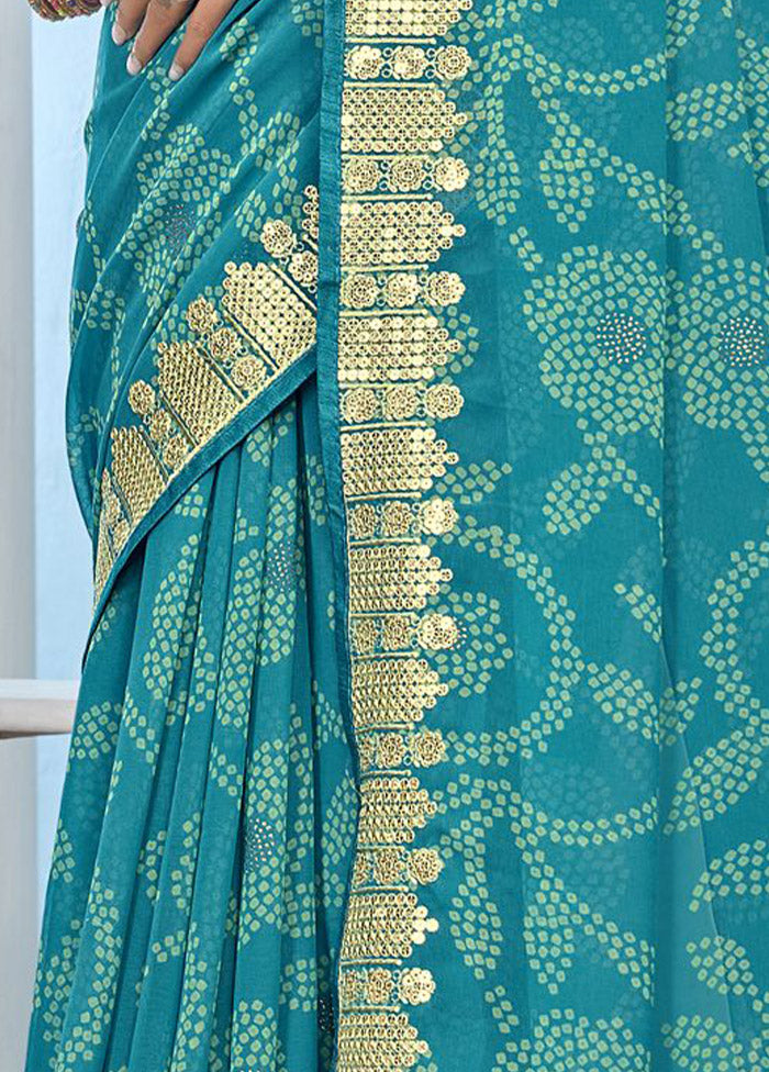 Sky Blue Chiffon Silk Foil Embellished Saree With Blouse Piece