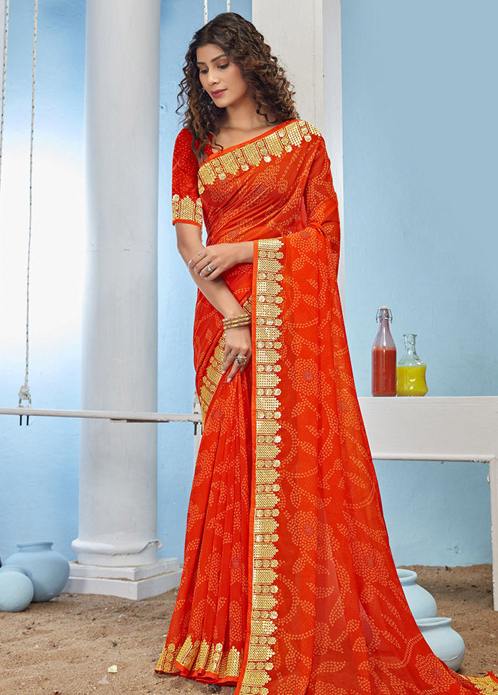 Orange Chiffon Silk Foil Embellished Saree With Blouse Piece