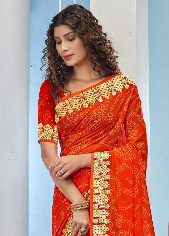 Orange Chiffon Silk Foil Embellished Saree With Blouse Piece