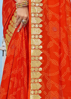 Orange Chiffon Silk Foil Embellished Saree With Blouse Piece