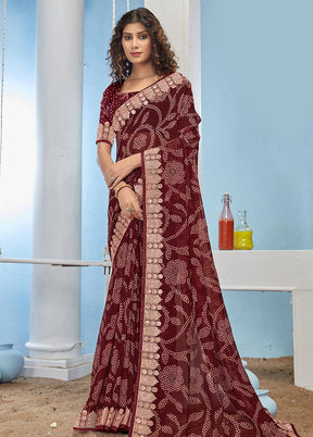 Maroon Chiffon Silk Foil Embellished Saree With Blouse Piece