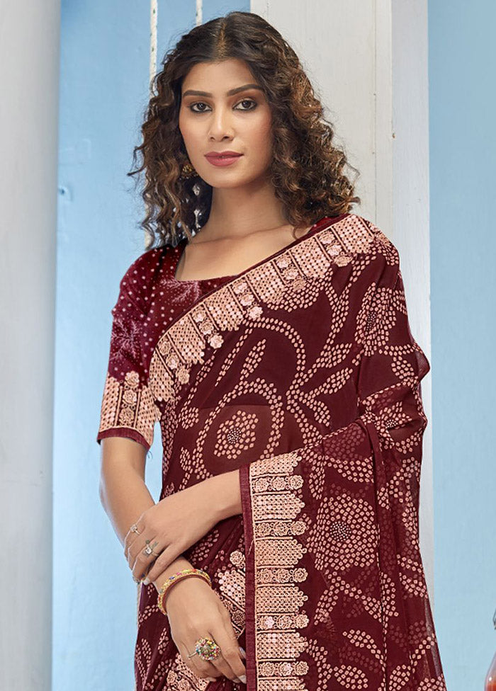 Maroon Chiffon Silk Foil Embellished Saree With Blouse Piece