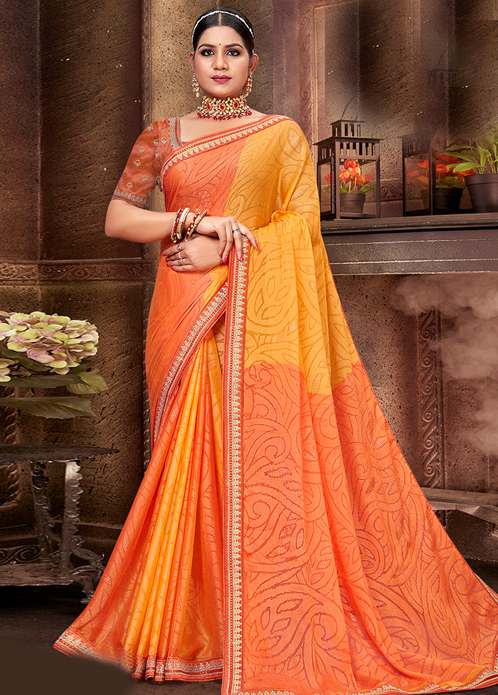 Orange Spun Silk Embelished Saree With Blouse Piece