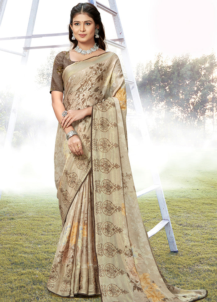 Brown Chiffon Silk Embroidered Saree With Blouse Piece