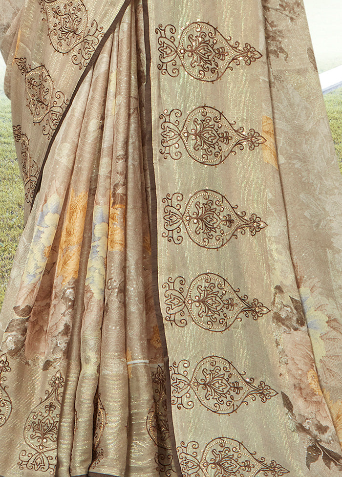 Brown Chiffon Silk Embroidered Saree With Blouse Piece