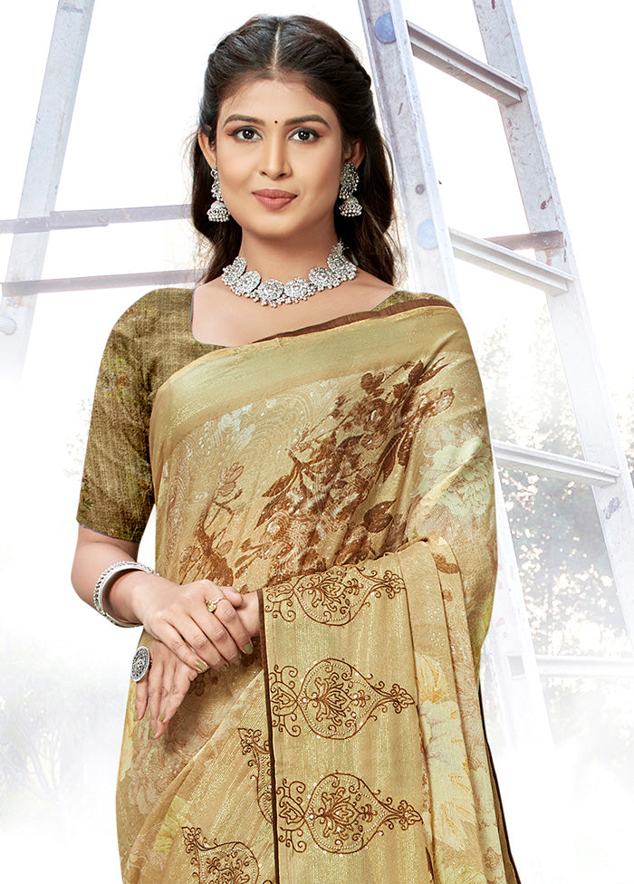 Brown Chiffon Silk Embroidered Saree With Blouse Piece