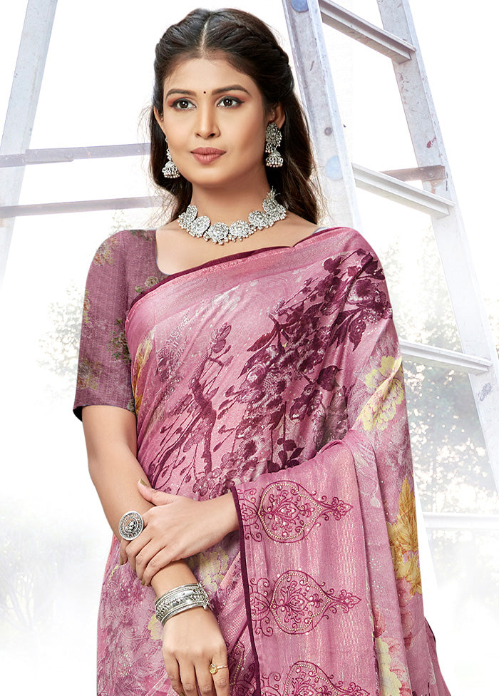 Purple Chiffon Silk Embroidered Saree With Blouse Piece