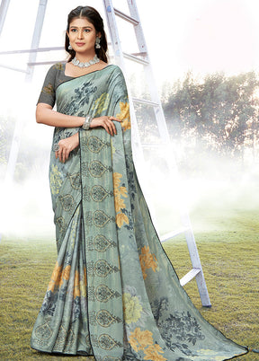 Grey Chiffon Silk Embroidered Saree With Blouse Piece