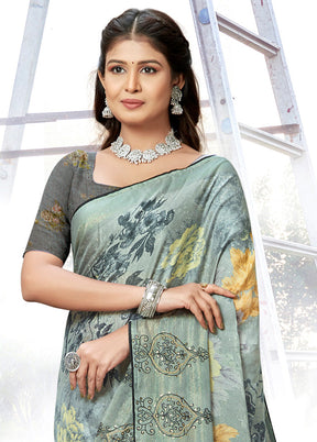 Grey Chiffon Silk Embroidered Saree With Blouse Piece